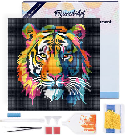 Figured'Art Mini Diamond Painting set Volwassenen 25x25 cm met lijst Tijger Abstracte Pop-Art - 5D DIY Art full drill ronde diamant - Canvas al ingelijst