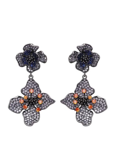 AVANT-GARDE PARIS Diva Oorbellen - Twee-laags Bloemvormig - 1 stuk - Paars met zwarte cubic zirconia en rhodium plating