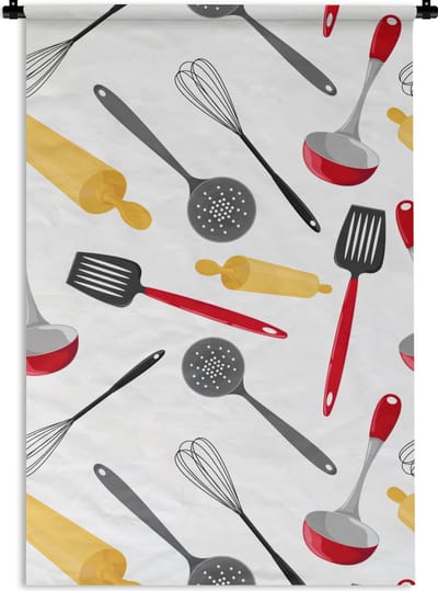 Wandkleed - Wanddoek - Patronen - Keukengerei - Spatel - Deegroller - 60x90 cm - Wandtapijt