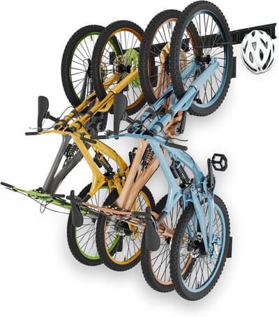 Thijox - Fiets Wandhouder voor Muur met 4 Fietshaken en 3 Helm Haken, Tot 136 kg, Inclusief Beschermende Stickers - Fietsaccessoires en Fatbike Access