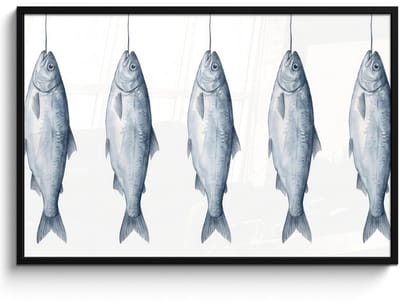 Poster in lijst - Fotolijst 120x80 cm - Posters - Vissen - Illustratie - Delfts - Blauw - Posterlijst zwart - Decoratie - Wanddecoratie woonkamer - Muurdecoratie slaapkamer