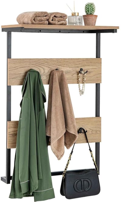 CORE Wandkapstok - Kapstok met legplank - 6 haken - Modern industriële stijl met metalen frame - Wandrek - Garderobe - Metaal en hout - 60x30x88cm - Bruin en Zwart