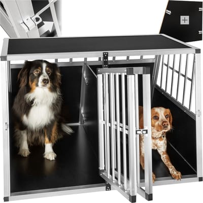tectake® Aluminium Hondentransportbench - Hondenbox - Trapeziumvormige Hondentransportbox met Schuine Achterwand - Licht en Stabiel - transportbox voor Honden (104 x 90,5 x 69 cm) met Scheidingswand