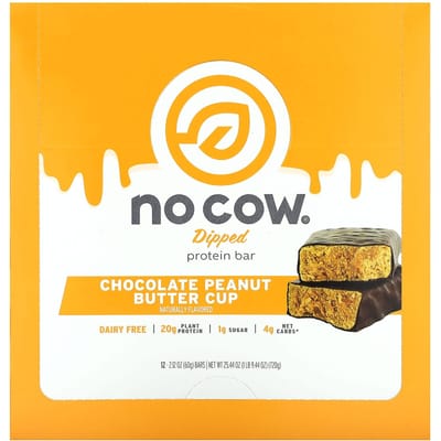 No Cow, Barre Protéinée Trempée, Tasses Chocolat Beurre de Cacahuète, 12 Barres, 2,12 oz (60 g) Chaque