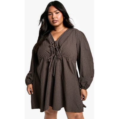 boohoo Dames Plus Geruite Smockjurk met Vetersluiting aan de Voorzijde | Brown | Maat: 16