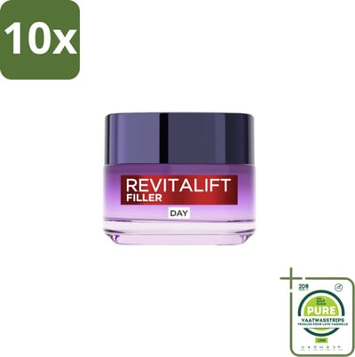 10 x L'Oréal Revitalift Filler Dagcrème 50 ml - Grootverpakking - Anti-rimpel Crème - Anti-veroudering Crème - Hyaluronzuur Crème - Fibroxyl Crème - Gezichtsverzorging