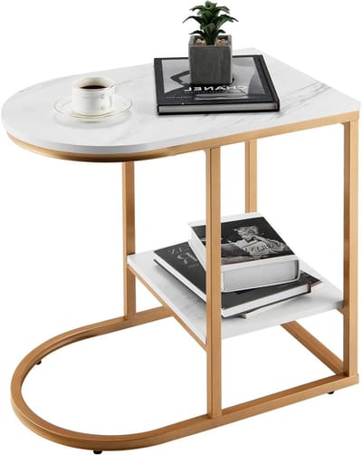 Bijzettafel Met Plank - Salontafel C-vorm - Laptop Gebruik - Marmer Look - 40 x 60 x 60 cm