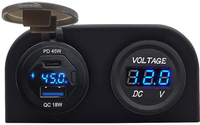 ProRide 12V USB/USB C Autolader 2 Poorten Opbouw met Wattagemeter - 45W/QC3.0 - Tweevoudig opbouw met Voltmeter - Blauw