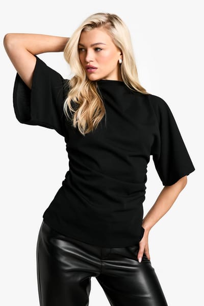 boohoo Dames Jersey Crepe Hoge Hals Blouse met Uitlopende Mouwen | Zwart | Maat: 36