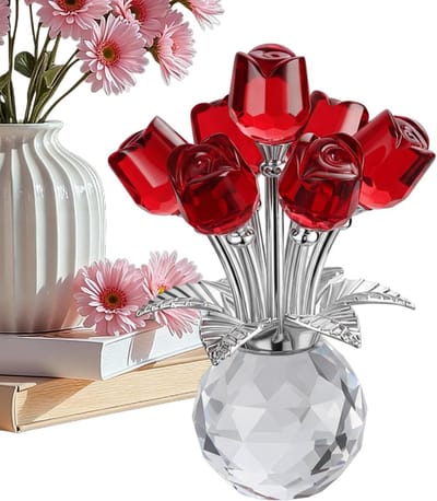 Glazen Roos Decoratie - Kunstbloem Beeldje - Interieur Verfraaien - Eeuwig Symbool Romantiek - 9x9x9 cm - Rood