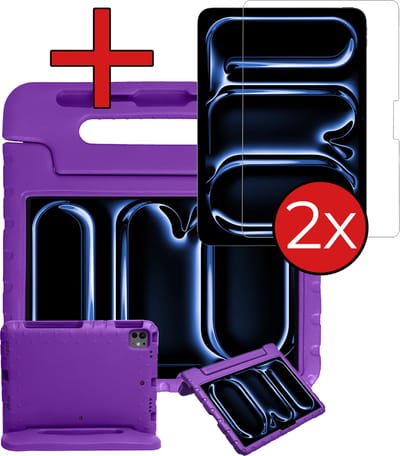 Hoesje - Geschikt voor Apple iPad Pro (2024/2025) - 11 inch - Met 2x Screenprotector - Kinderhoes - Shockproof Bumper - Kidsproof Case - Tablethoes - Kinder Hoes Cover - Paars
