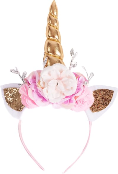 KIMU® Eenhoorn Haarband Blaadjes Goud - Unicorn Diadeem Met Oortjes, Bloemetjes En Takjes - Roze Hoorn Bloemen Zilveren Bladeren Festival