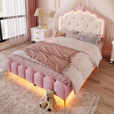 STILVORA Gestoffeerd bed 140x200 cm - Tweepersoons Met prinsessenkroon-ontwerp en met LED-sfeerverlichting - App- en afstandsbediening - PU - Roze - Zonder matras