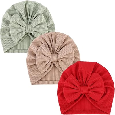 Drie mutsen met strik voor babymeisjes - Ziekenhuismutsen voor baby's van 0-12 maanden - Leuke foetale mutsen voor baby's - Olijfgroen, rood, kaki