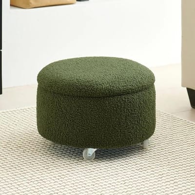 Ronde Poef - Opbergkruk Gestoffeerd - Extra Zitplaats - Met Wielen - Groen