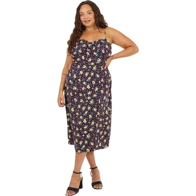 Brave Soul Midi-jurk met gebogen spaghettibandjes en bloemenprint voor dames (Zwart/Groen/Geel)