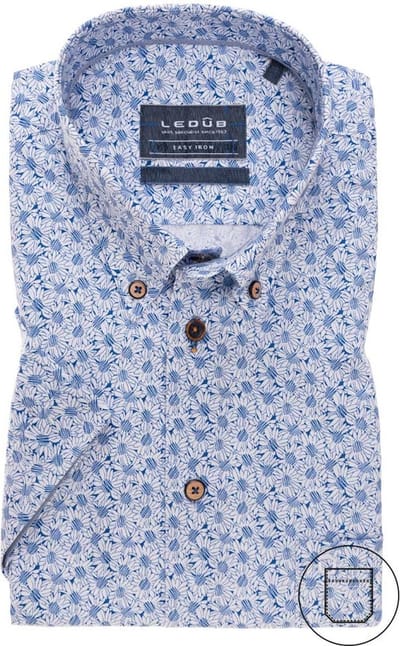 Ledub overhemd Tailored Fit geprint wit met blauw korte mouw - 38