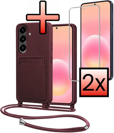 Hoes Geschikt voor Samsung A57 Met Telefoonkoord Met 2x Screenprotector - Siliconen Hoesje Backcover Met Ketting - Aubergine