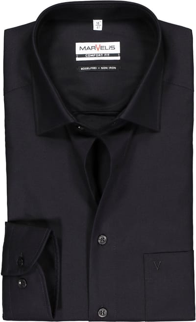 MARVELIS comfort fit overhemd - zwart - Strijkvrij - Boordmaat: 39