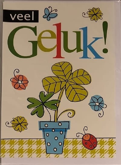 Veel geluk! Een kleurrijke kaart met vrolijke dieren en een plant op tafel. Een leuke kaart om zo te geven of om bij een cadeau te voegen. Een dubbele wenskaart inclusief envelop en in folie verpakt.