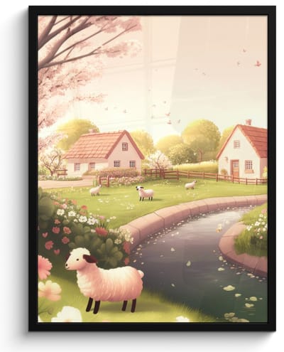 Poster in lijst - Fotolijst 50x70 cm - Posters - Schapen - Huisje - Platteland - Posterlijst zwart - Decoratie - Wanddecoratie woonkamer - Muurdecoratie slaapkamer
