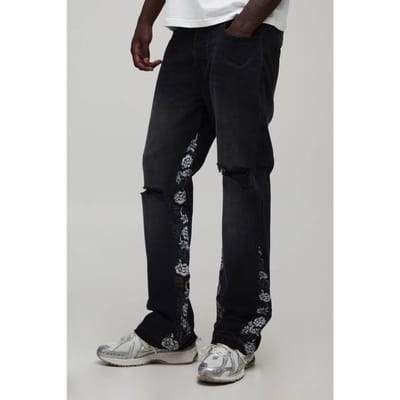 Slim Flared Jeans Met Gescheurde Knieën En Bloemeninserts | Washed Black | Size 32R