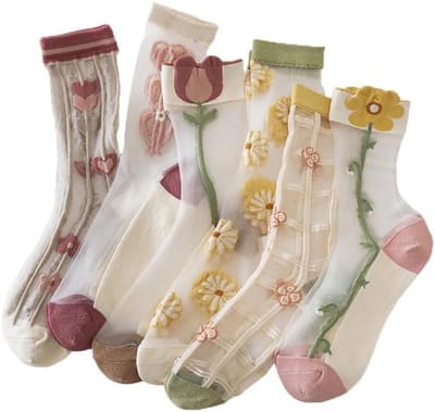 6 Stuks - Dames Transparante Sokken - Mesh Kant Met Bloemenborduurwerk - Dunne Zomer Jacquard Kristal Glaszijde Sokken - Elastisch Comfortabel - Geschikt Voor Schoenmaat 35-40 - Voor Dames En Meisjes | Cyslmuk®