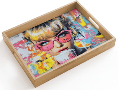 Dienblad hout 40x30 cm - Schootdienblad - Expressief - Milkshake - Vrouw - Felle kleuren - Borrelplank rechthoek - Plateau dienbladen