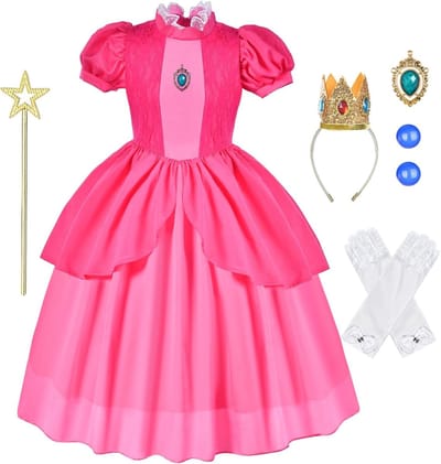 Meisjes Kostuum als Prinses met Kroon, Oorbellen, Handschoenen, Broche en Toverstaf - Perfect voor Feestjes en Verkleedpartijen
