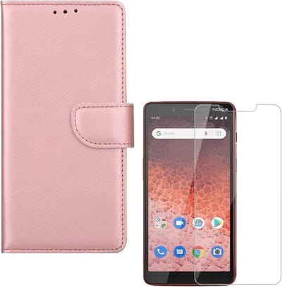 hoesje Geschikt voor: Nokia 1 Plus Portemonnee Rose Goud met 2 stuks Glas Screen protector