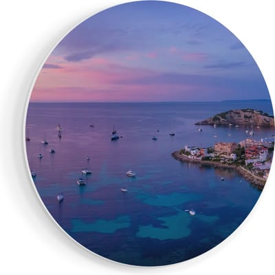 Artaza Forex Muurcirkel Ibiza met Boten op het Water bij Zonsopgang - 40x40 cm - Klein - Wandcirkel - Rond Schilderij - Wanddecoratie Cirkel