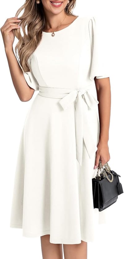 Elegante Dames Midi Jurk met Korte Mouwen en Ceintuur voor Feest en Cocktail