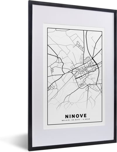 Fotolijst incl. Poster Zwart Wit- Stadskaart – Plattegrond – België – Zwart Wit – Ninove – Kaart - 40x60 cm - Posterlijst