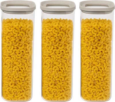 5Five Voorraadpot Herma - 3x - keuken/voedsel - glas - 2000 ml - luchtdichte deksel - transparant/beige - 11 x 11 x 29 cm