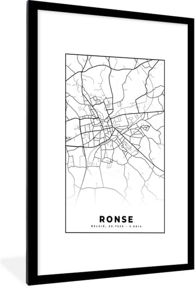 Fotolijst incl. Poster Zwart Wit- Plattegrond – Ronse – Zwart Wit – Stadskaart - Kaart - België - 60x90 cm - Posterlijst