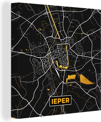 Canvas Schilderij Kaart - Ieper - Stadskaart - Plattegrond - Goud - 20x20 cm - Wanddecoratie