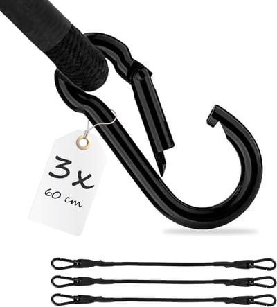 3x Spanelastiek met karabijn 60cm in Zwart Rubberen spanbanden, bagagespanband, expander, spanband voor fiets, auto, bagage, transportbeveiliging