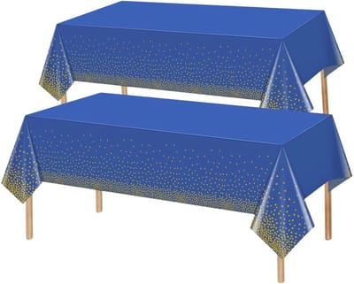 2x Tafelkleed Laken Verjaardag Versiering Tafeldecoratie Feest Blauw/Goud Stippen Tafellaken Plastic Tafelzeil 274*137cm