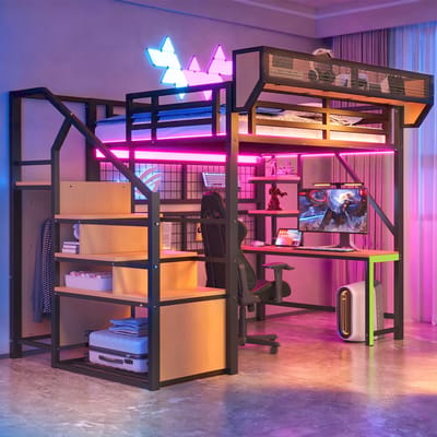 Metaal Stapelbed 140x200 - Bed met Schrijftafel, Boekenplanken en Opbergruimte, Veiligheidsladder, LED-Lichten - Zwart