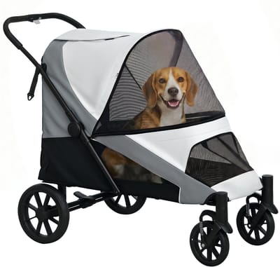PawHut Hundewagen Hundebuggy klappbar für große Hunde & Katzen bis 30 kg Katzenbuggy mit Kissen Netzfenstern Türen Aufbewahrungstasche Katzenwagen mit Sicherheitsleinen, Bremsen, Buggy Grau