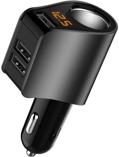 GELLDG Autolader met 3 USB-poorten en Digitale Spanningsmeter - Bedrade Oplader met Sigarettenaansteker Splitter - 80W Snellader Geschikt voor 12-24V Auto - 7-Voudige Beveiliging - 100x55x33mm - Kunststof