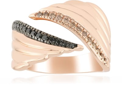 Cavill - Vleugelvormige Damesring - 925 Sterling Zilver - 18K Roségoud Verguld - 0,22 ct Argyle Rose & Zwarte Diamanten - Handgemaakte Elegante Ring