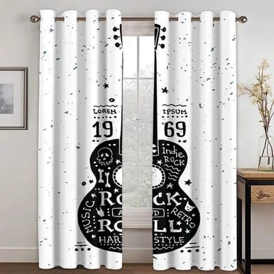 Rockmuziekgordijnen voor slaapkamer, woonkamer, tienerjongens, elektronisch muziekinstrument, gordijn, gitaar, drum, luidspreker, raamgordijnen W65xH165(CM)x2PCS-Rod pocket