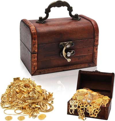 Houten Vintage Schatkist voor Kinderen - Piraten Thema Opslagdoos voor Sieraden en Munten, Perfecte Verjaardagscadeaus