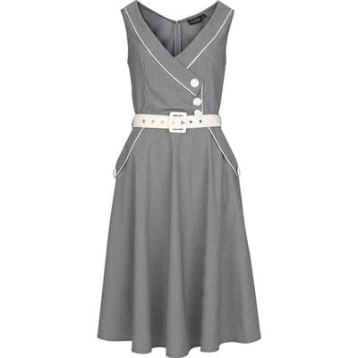 Voodoo Vixen - Rockabilly Mini-jurk - Pinstripe Asymmetrical Button Flare Dress - S tot M - voor Vrouwen - grijs-wit