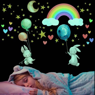 Muurstickers Lichtgevende Konijn Kinderkamer, Regenboog Muurtattoo Decoraties Fluorescentie, Maan Sterren Glow in the Dark Stickers, Afneembare Glowing Stickers voor Jongens Meisjes Slaapkamer Plafond