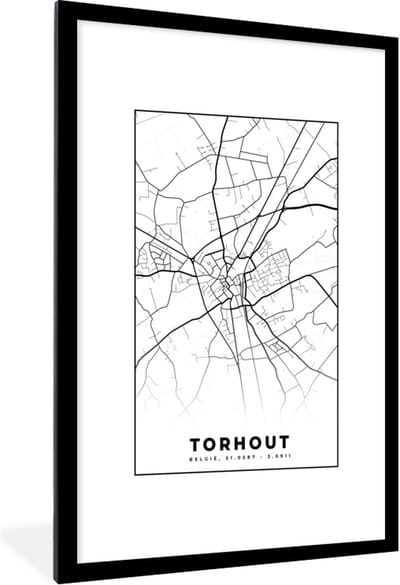 Fotolijst incl. Poster Zwart Wit- België – Torhout – Stadskaart – Kaart – Zwart Wit – Plattegrond - 80x120 cm - Posterlijst