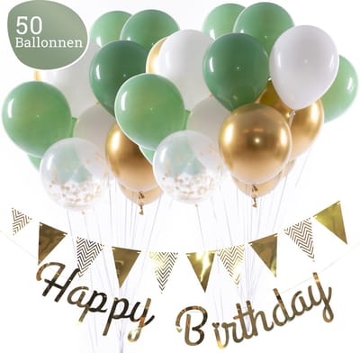Sellaio Party® Groene Ballonnen – Happy Birthday Slinger – Ballonnen Set van 50 Ballonnen – Verjaardag Versiering Olijfgroen, Gouden en Witte ballonnen – Complete Feestversiering met Vlaggenlijn