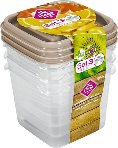 Hega Hogar Vershoudbakjes - set 3x stuks - 0.3 liter - transparant/beige - L8 x B8 x H11 cm - Mealprep - Maaltijden bewaren