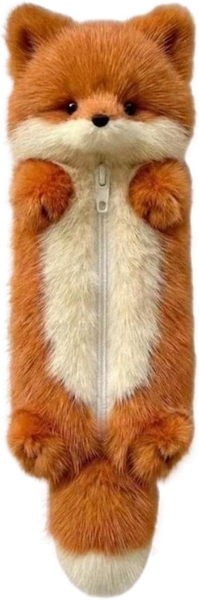 Pluche Etui - Dieren Rits Organizer - Schoolspullen Opbergen - Huidvriendelijke Stof - 31x13 cm - Bruin Wit